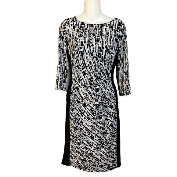 Ralph Lauren 2 Dress Brown Black Ivory Stretch Sheath 3/4 Long Sleeve Washable - Picture 2 of 6